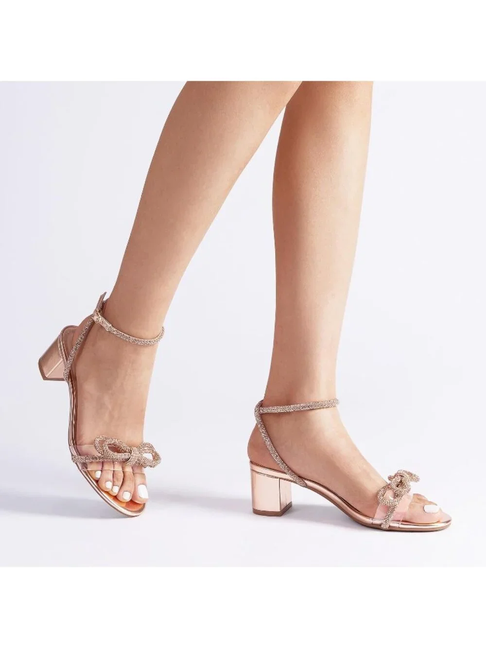 Dream Pairs Women's Champagne Open Toe Rhinestone Double Bow Chunky Sandals